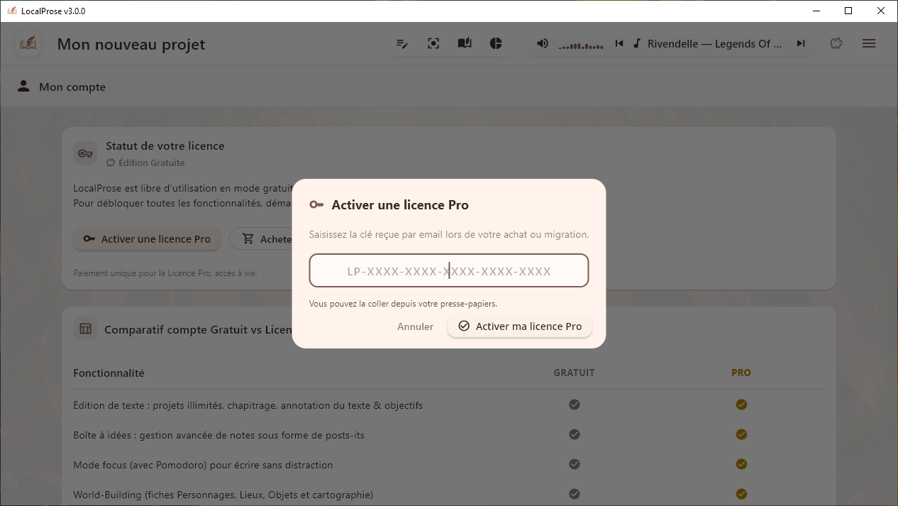 Activer sa licence Pro à vie se fait très facilement sur la vue Mon compte du logiciel