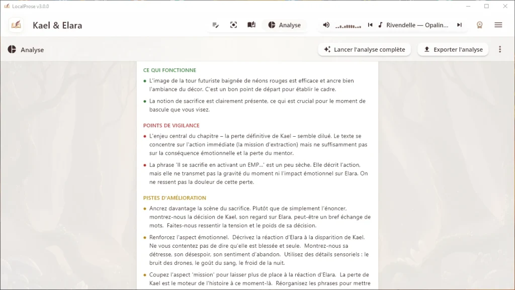 L'audit de cohérence de LocalProse permet d'avoir des pistes d'améliorations concrète pour l'écriture de son roman.