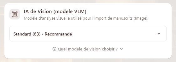 Une nouvelle carte depuis la v3.1.0 vous permet de choisir le modèle VLM dans les paramètres.