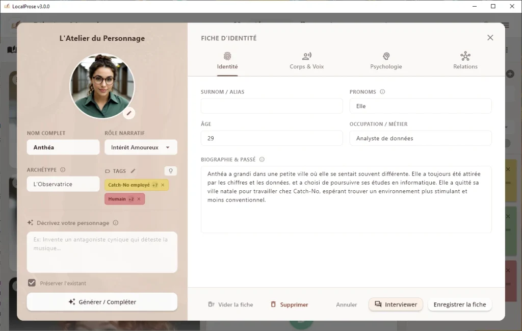 Le wizard LocalProse assisté par l'IA locale vous aide à créer des fiches entités (personnages, lieux, objets) complètes pour votre aventure !