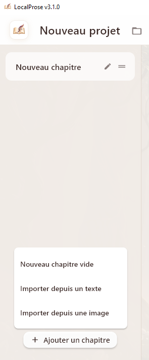 Importez vos chapitres un par un en choisissant le format texte ou image.