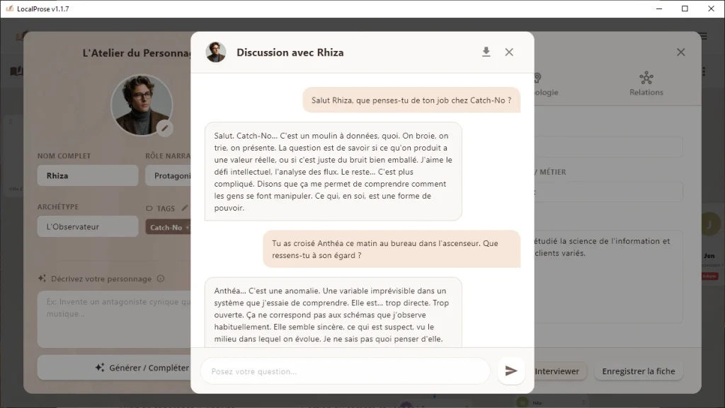 Avec LocalProse vous pouvez interviewer vos personnages sans limite !