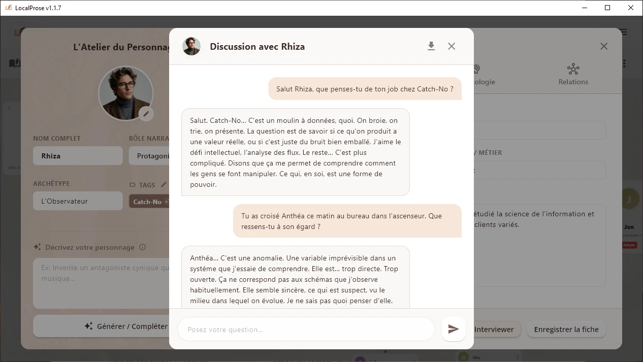 Avec LocalProse vous pouvez interviewer vos personnages sans limite !