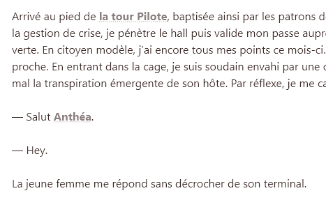Un exemple de mention automatique pour deux types d'entités : un personnage "Anthéa" et un lieu "la tour Pilote".
