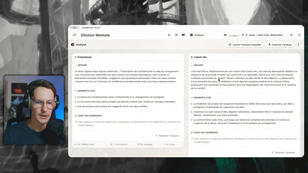 L'IA locale étudie vos chapitres et produit un résumé, en extrait les moments forts