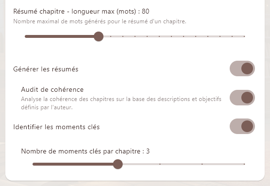 Les résultats produits par l'Analyse de vos chapitres sont entièrement personnalisables dans les paramètres.