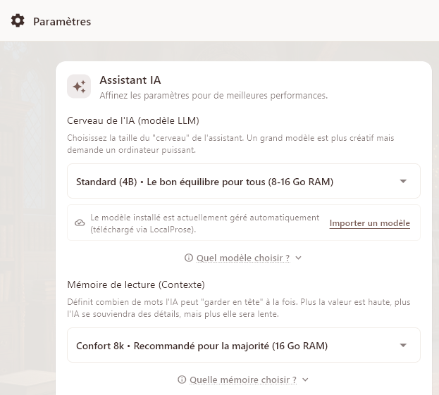 Vous pouvez changer le modèle d'IA dans les Paramètres de l'application, ou importer le votre (au format .gguf).