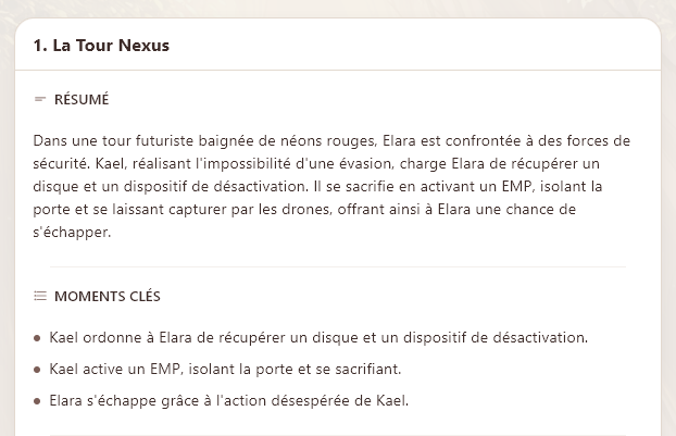 Pour vos chapitres, l'IA produit un résumé et les moments clés.