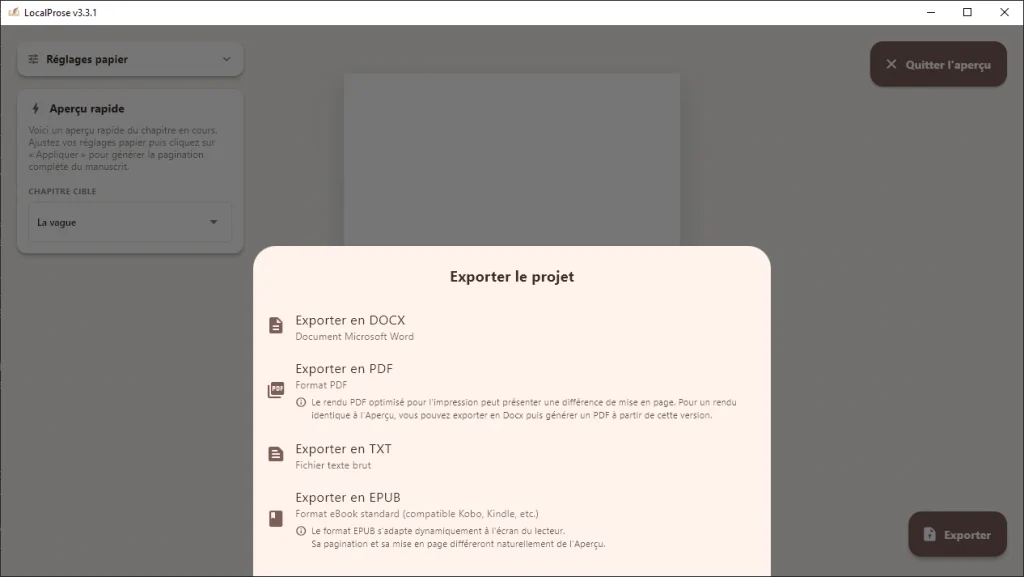Les options d'export du projet sont disponibles directement depuis le mode Aperçu de LocalProse.