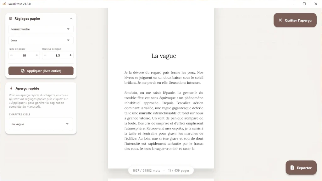 Le mode Aperçu impression (preview) de LocalProse