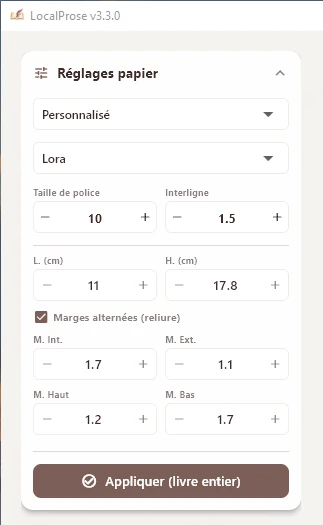 Réglages papier du mode Aperçu de LocalProse